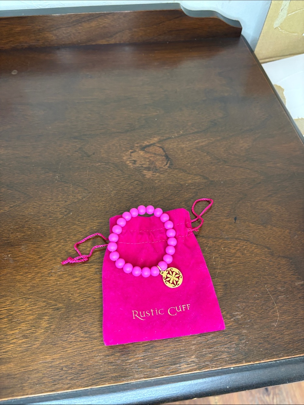 Rustic Cuff Hot Pink Beaded Bracelet with Gold Charm